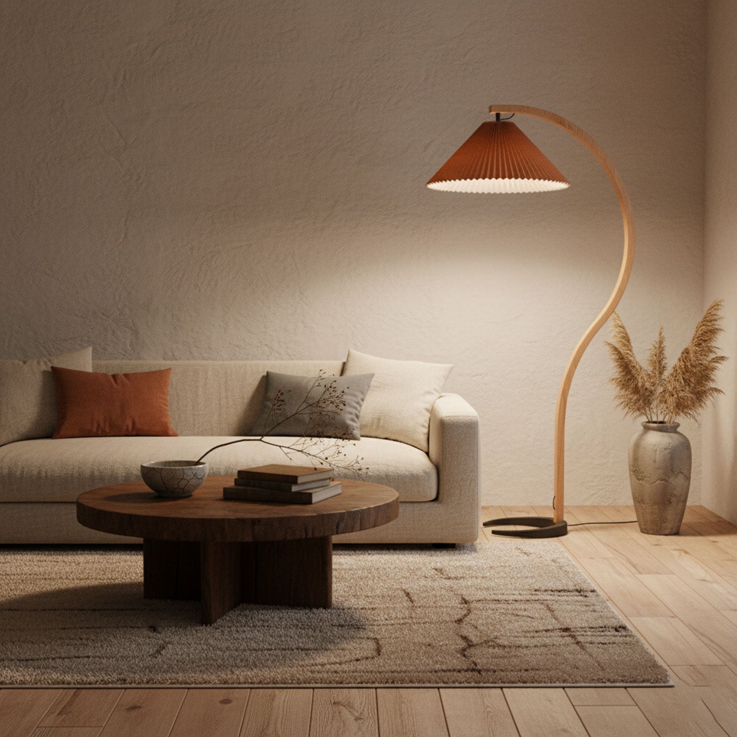 Lampadaire moderne Etan en Métal, Lin Hêtre bois et café