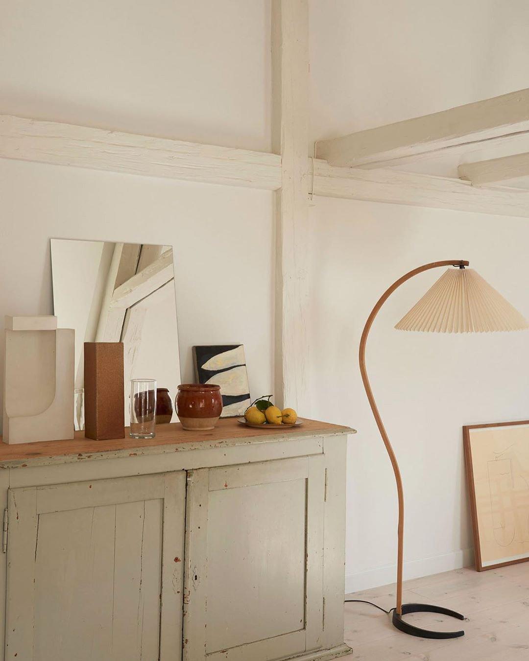 Lampadaire moderne Etan en Métal, Lin Hêtre bois et café