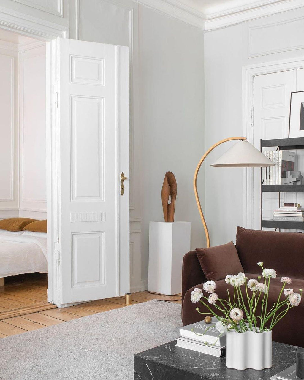 Lampadaire moderne Etan en Métal, Lin Hêtre bois et beige