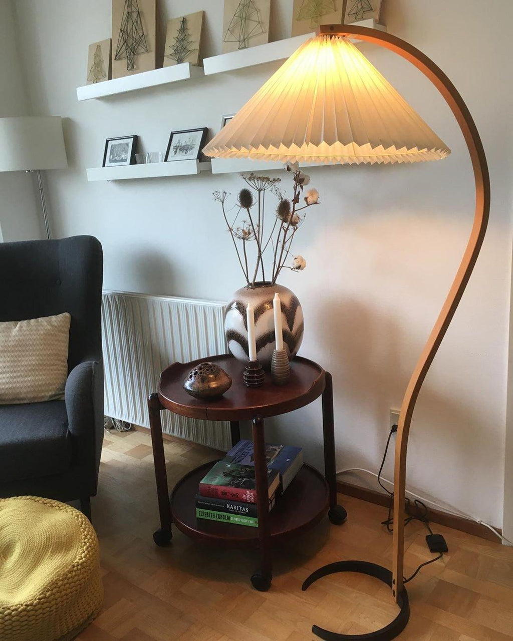 Lampadaire moderne Etan en Métal, Lin Hêtre bois et beige