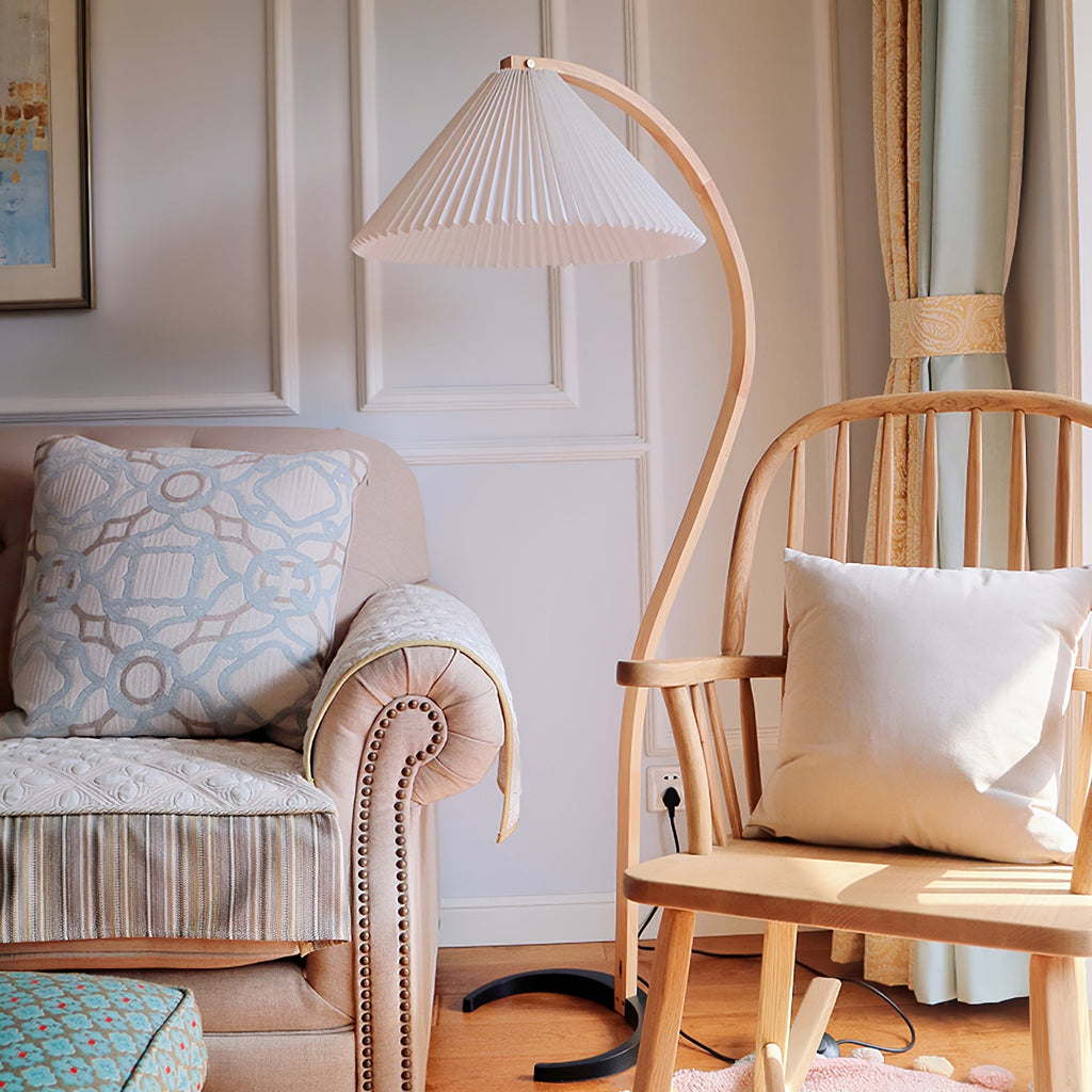 Lampadaire moderne Etan en Métal, Lin Hêtre bois et café