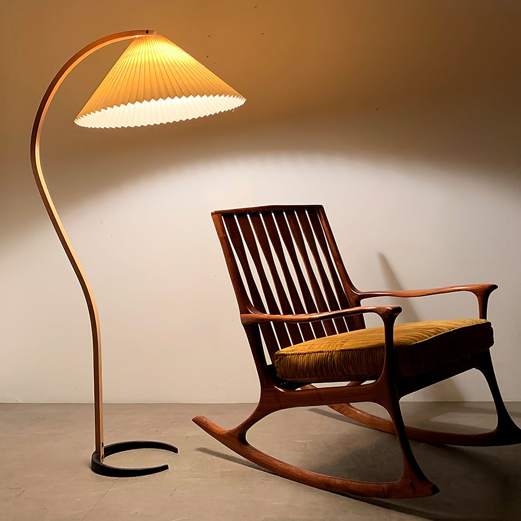 Lampadaire moderne Etan en Métal, Lin Hêtre bois et beige