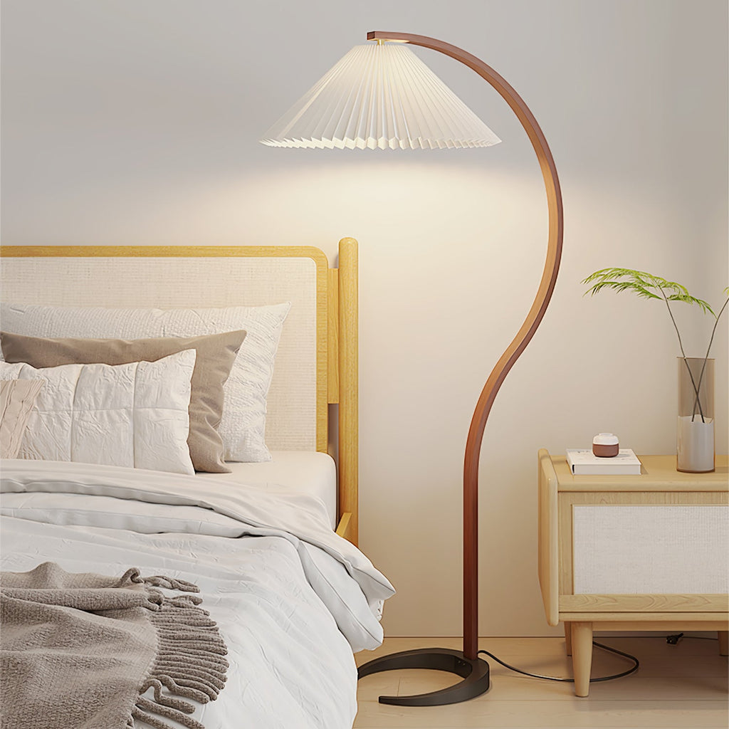 Lampadaire moderne Etan en Métal, Lin Hêtre bois et beige