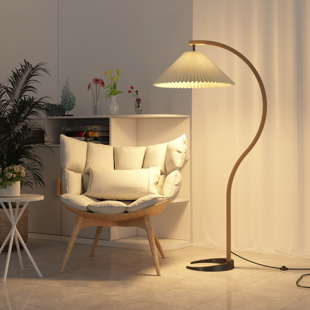 Lampadaire moderne Etan en Métal, Lin Hêtre bois et blanc