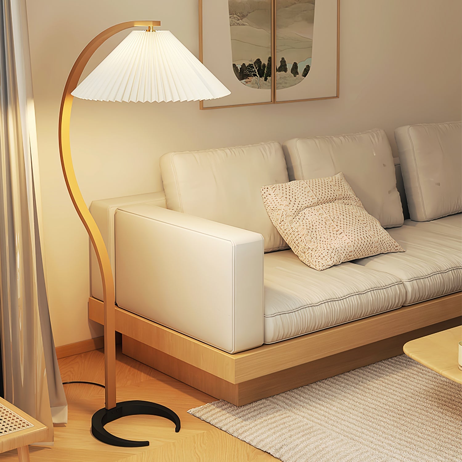 Lampadaire moderne Etan en Métal, Lin Hêtre bois et café