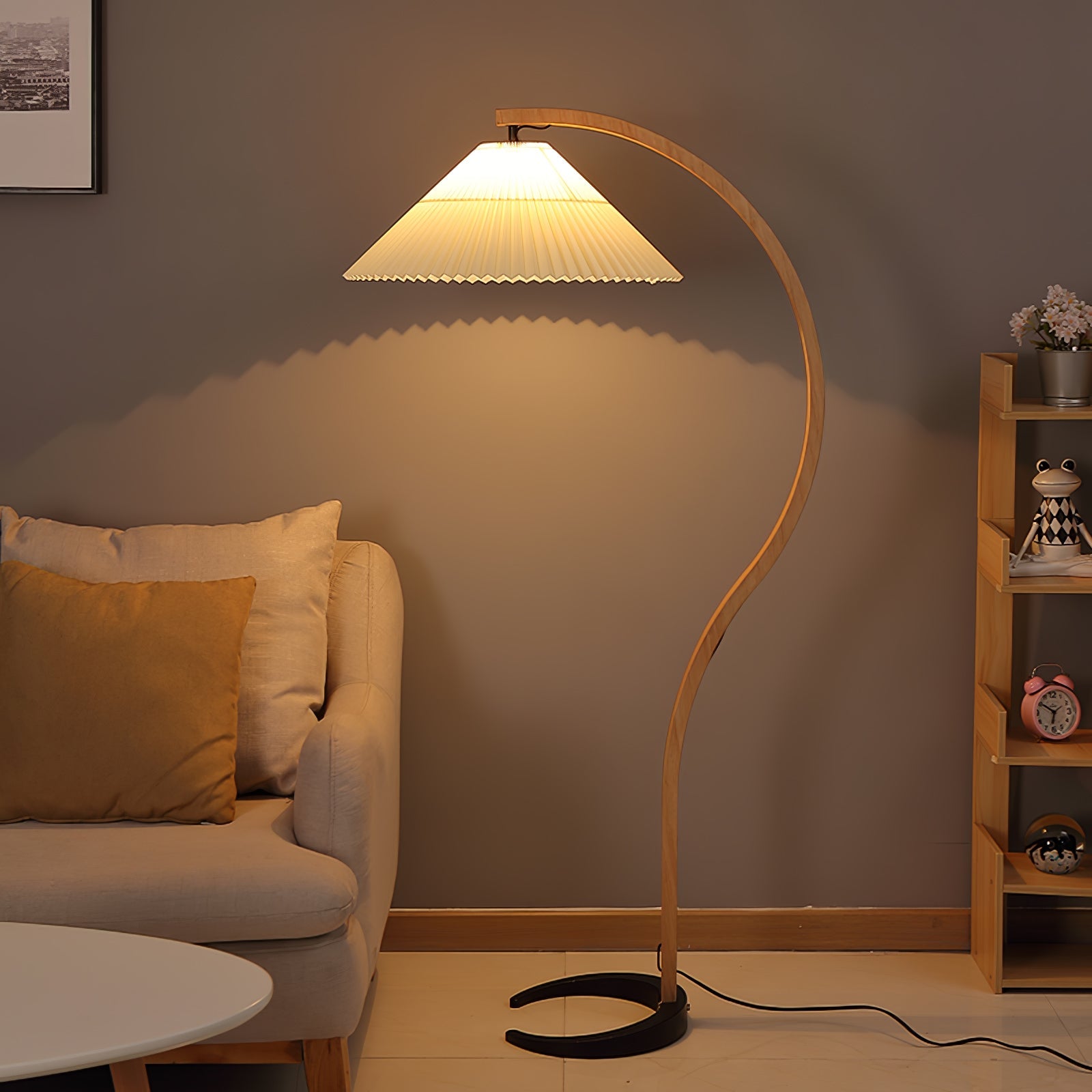Lampadaire moderne Etan en Métal, Lin Hêtre bois et café