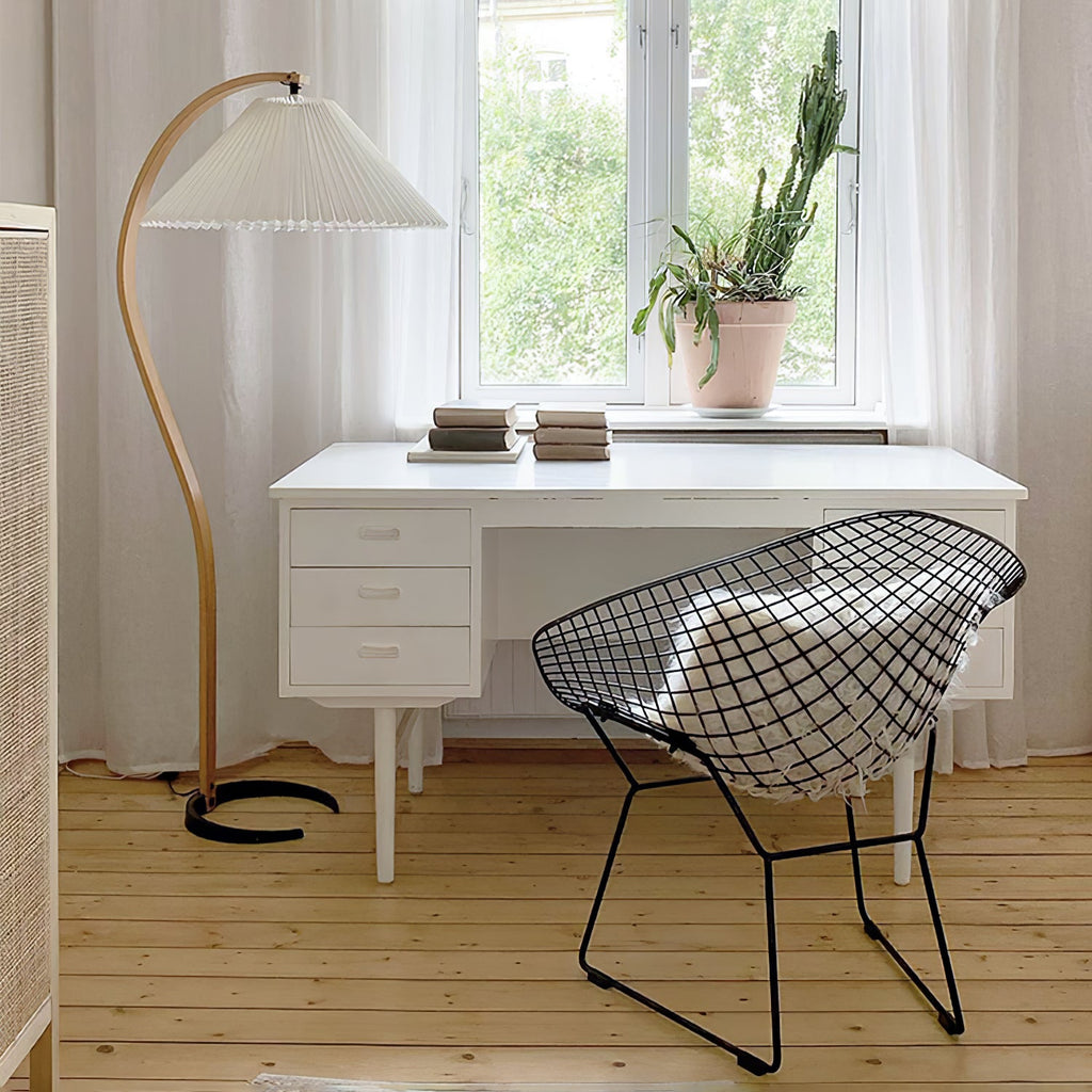 Lampadaire moderne Etan en Métal, Lin Hêtre bois et blanc