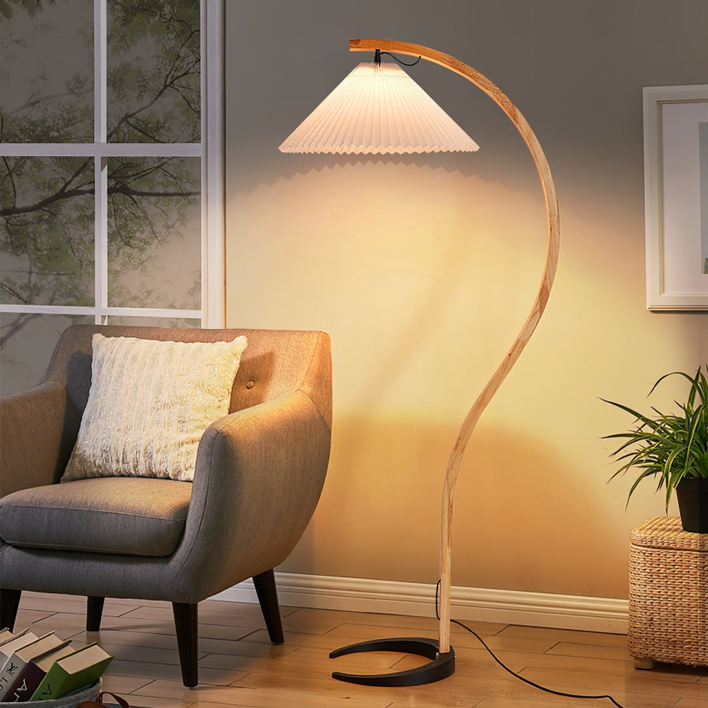 Lampadaire moderne Etan en Métal, Lin Hêtre bois et blanc