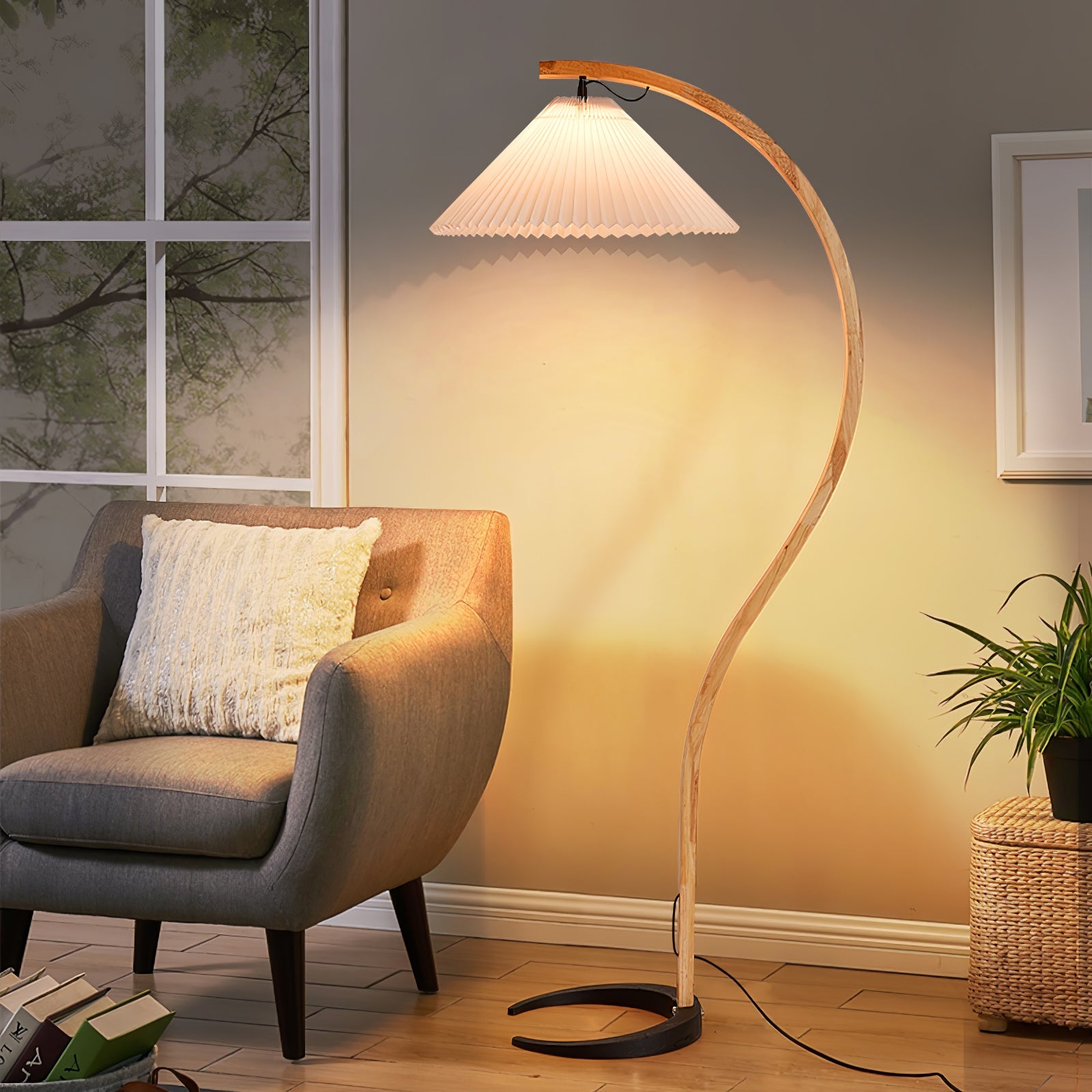 Lampadaire moderne Etan en Métal, Lin Hêtre bois et beige