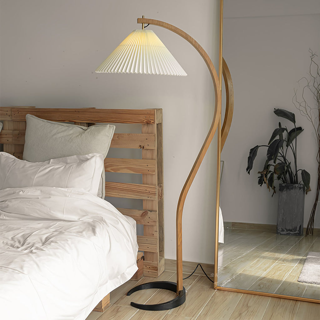 Lampadaire moderne Etan en Métal, Lin Hêtre bois et beige
