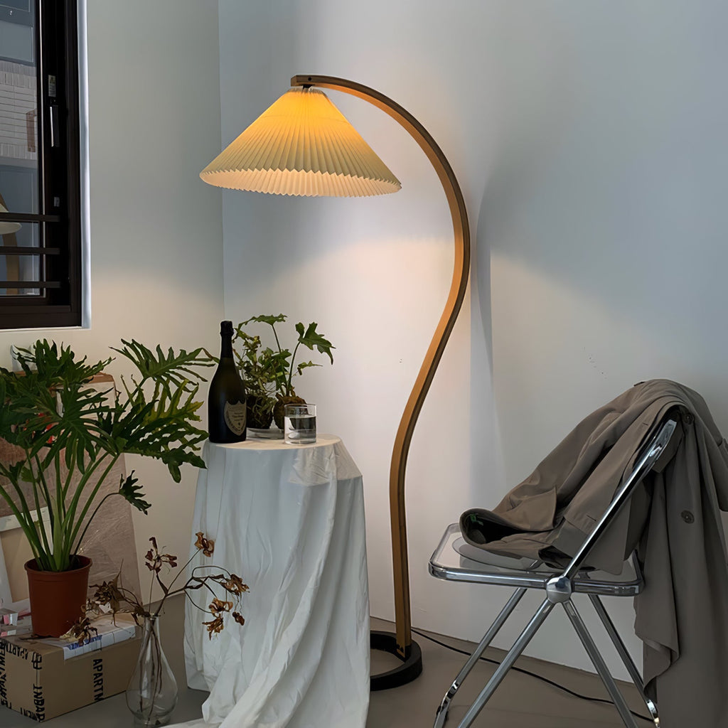 Lampadaire moderne Etan en Métal, Lin Hêtre bois et blanc