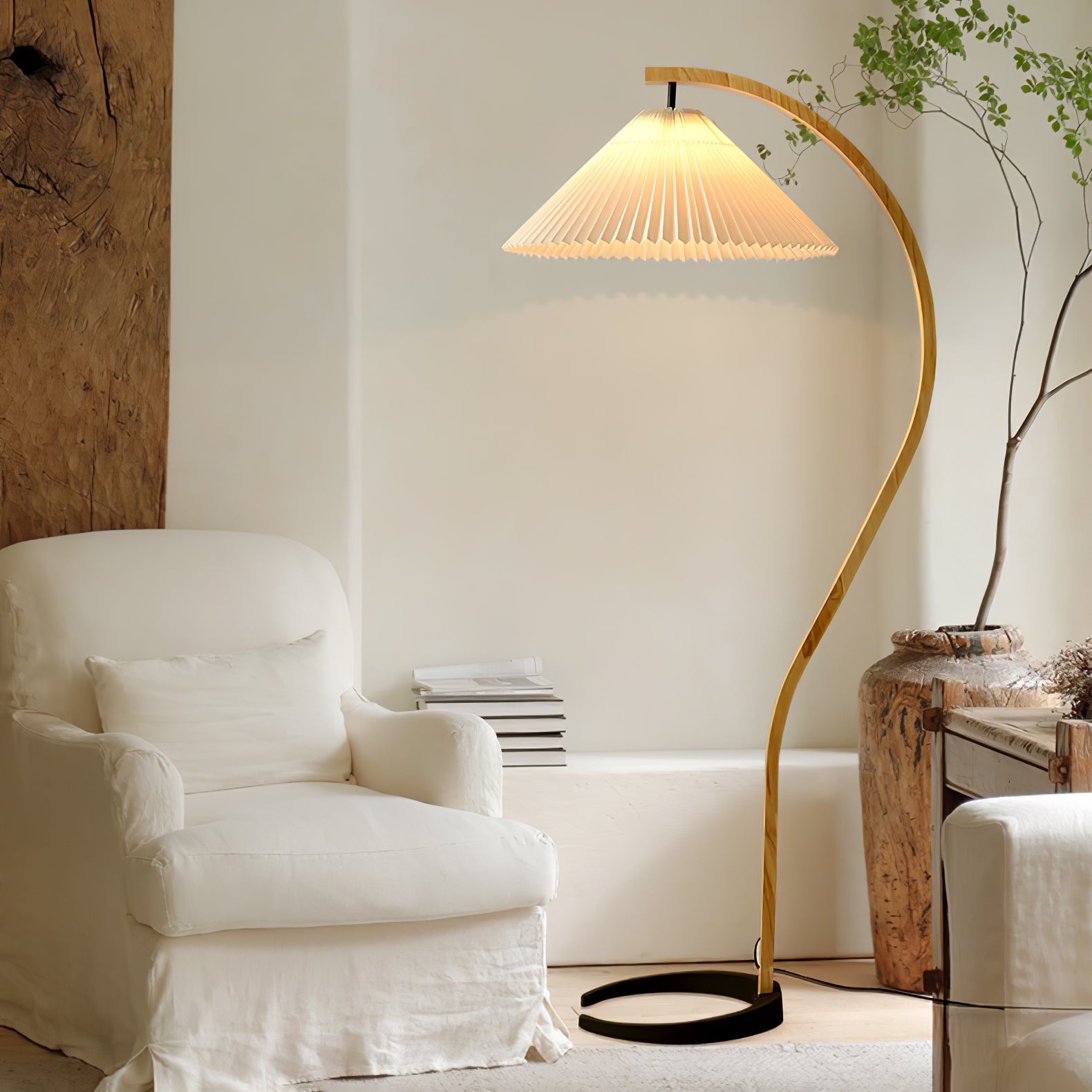 Lampadaire moderne Etan en Métal, Lin Hêtre bois et blanc