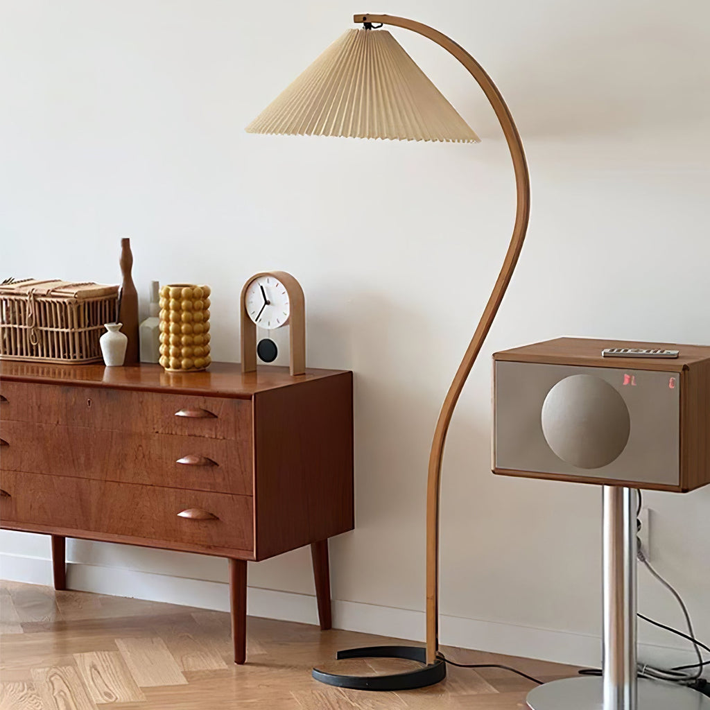 Lampadaire moderne Etan en Métal, Lin Hêtre bois et blanc