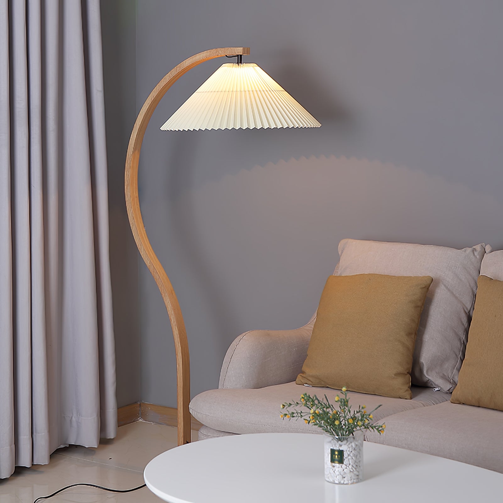 Lampadaire moderne Etan en Métal, Lin Hêtre bois et café