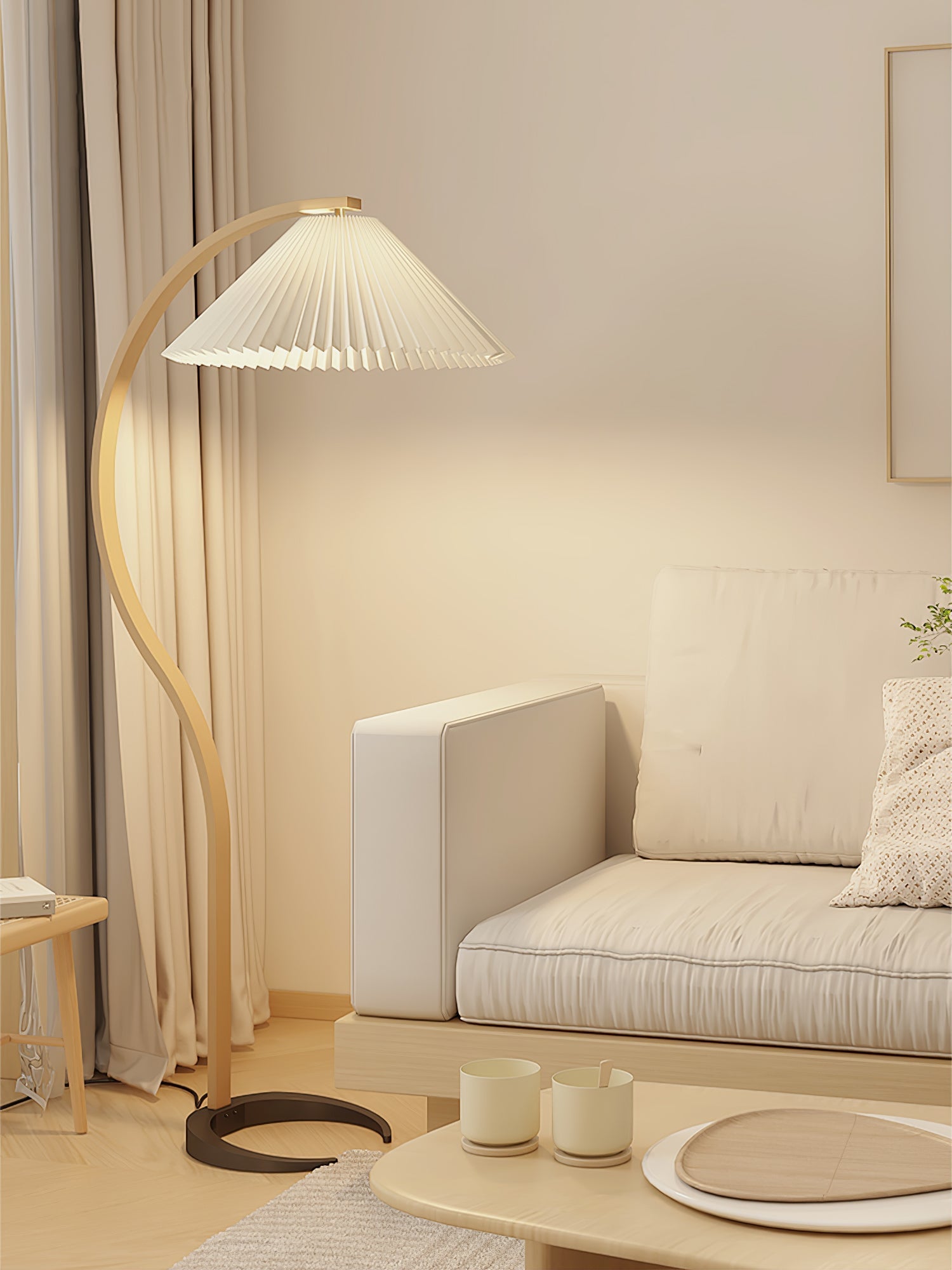 Lampadaire moderne Etan en Métal, Lin Hêtre bois et blanc