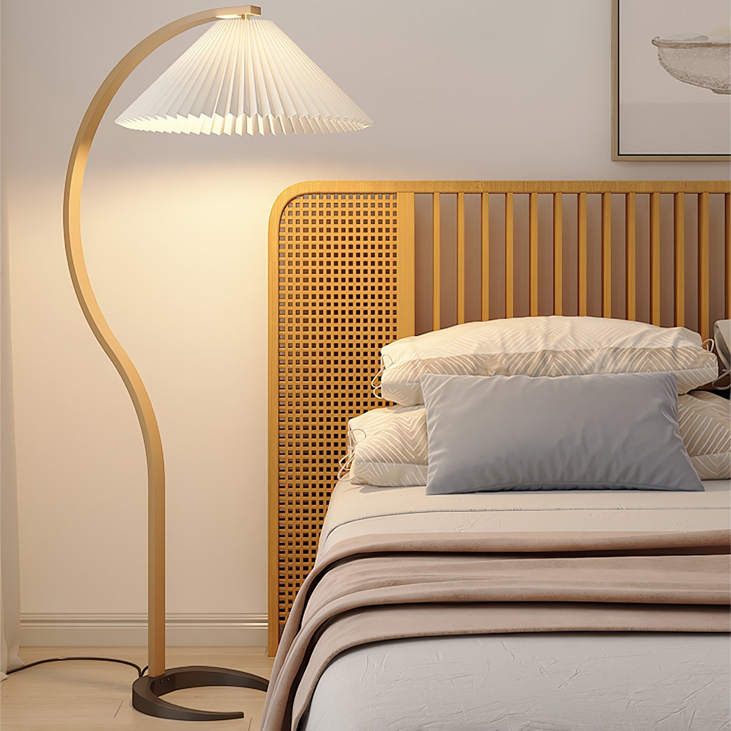 Lampadaire moderne Etan en Métal, Lin Hêtre bois et café