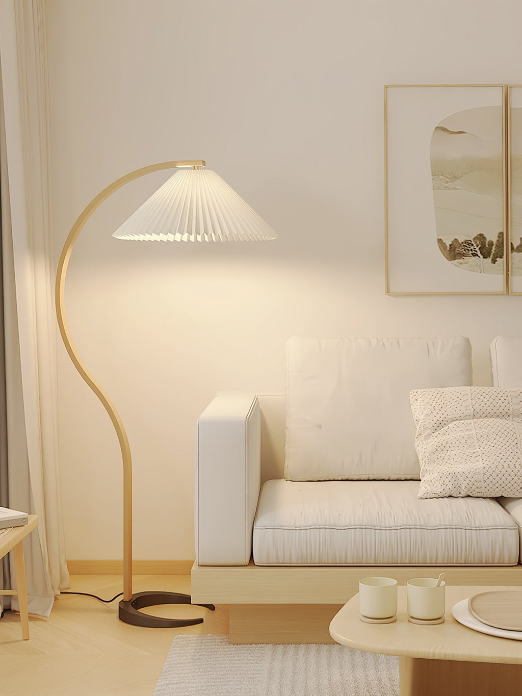 Lampadaire moderne Etan en Métal, Lin Hêtre bois et blanc