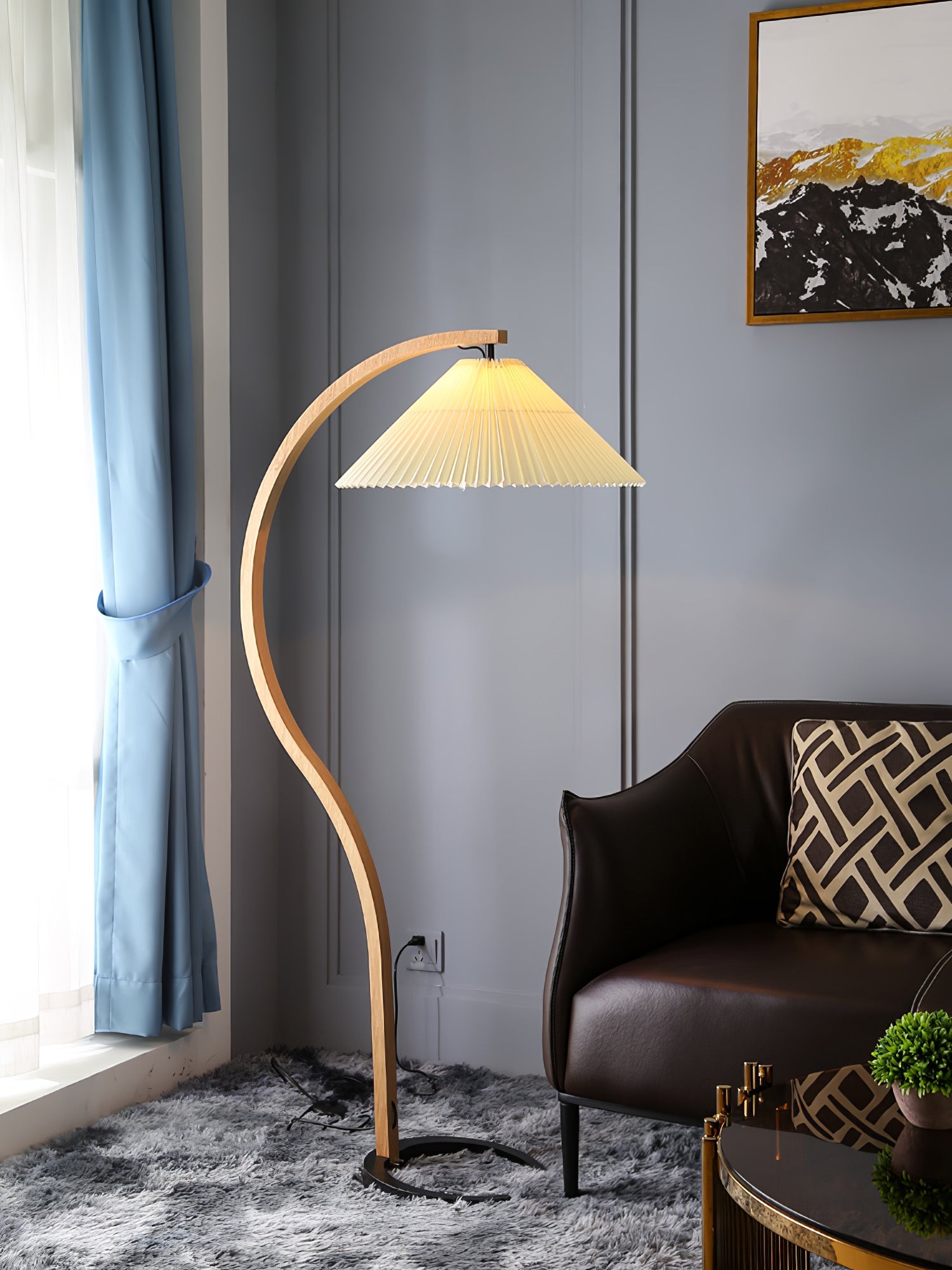 Lampadaire moderne Etan en Métal, Lin Hêtre bois et blanc