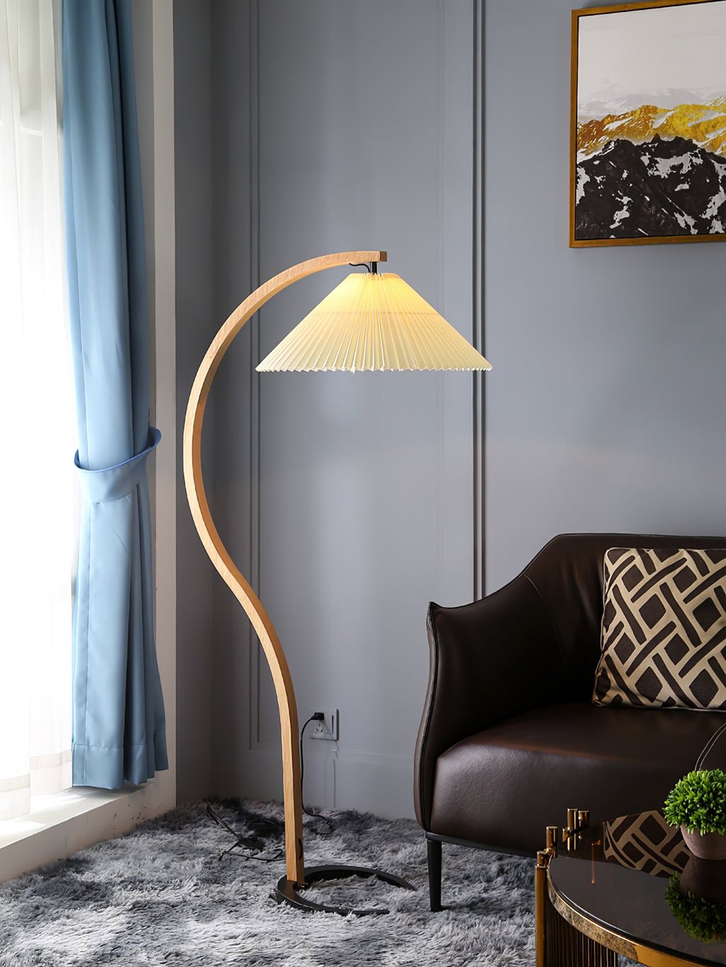 Lampadaire moderne Etan en Métal, Lin Hêtre bois et café