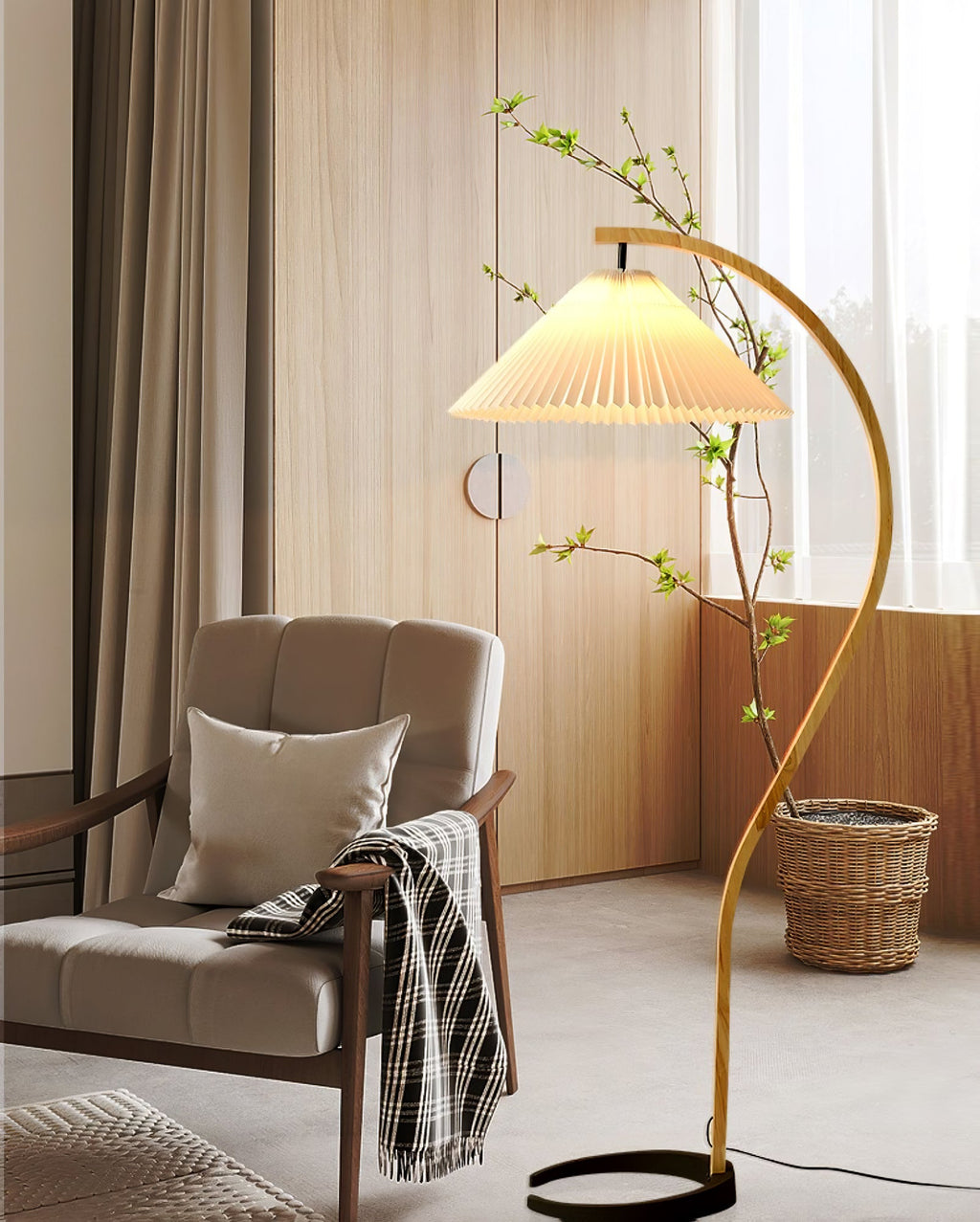 Lampadaire moderne Etan en Métal, Lin Hêtre bois et café