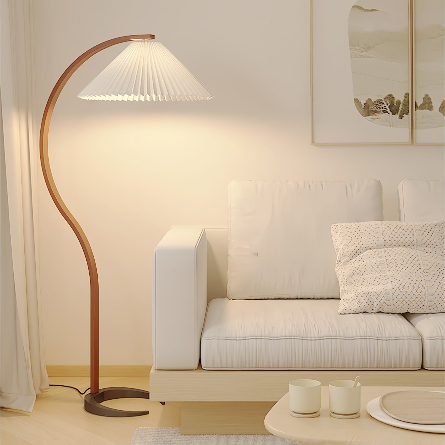 Lampadaire moderne Etan en Métal, Lin Hêtre bois et café
