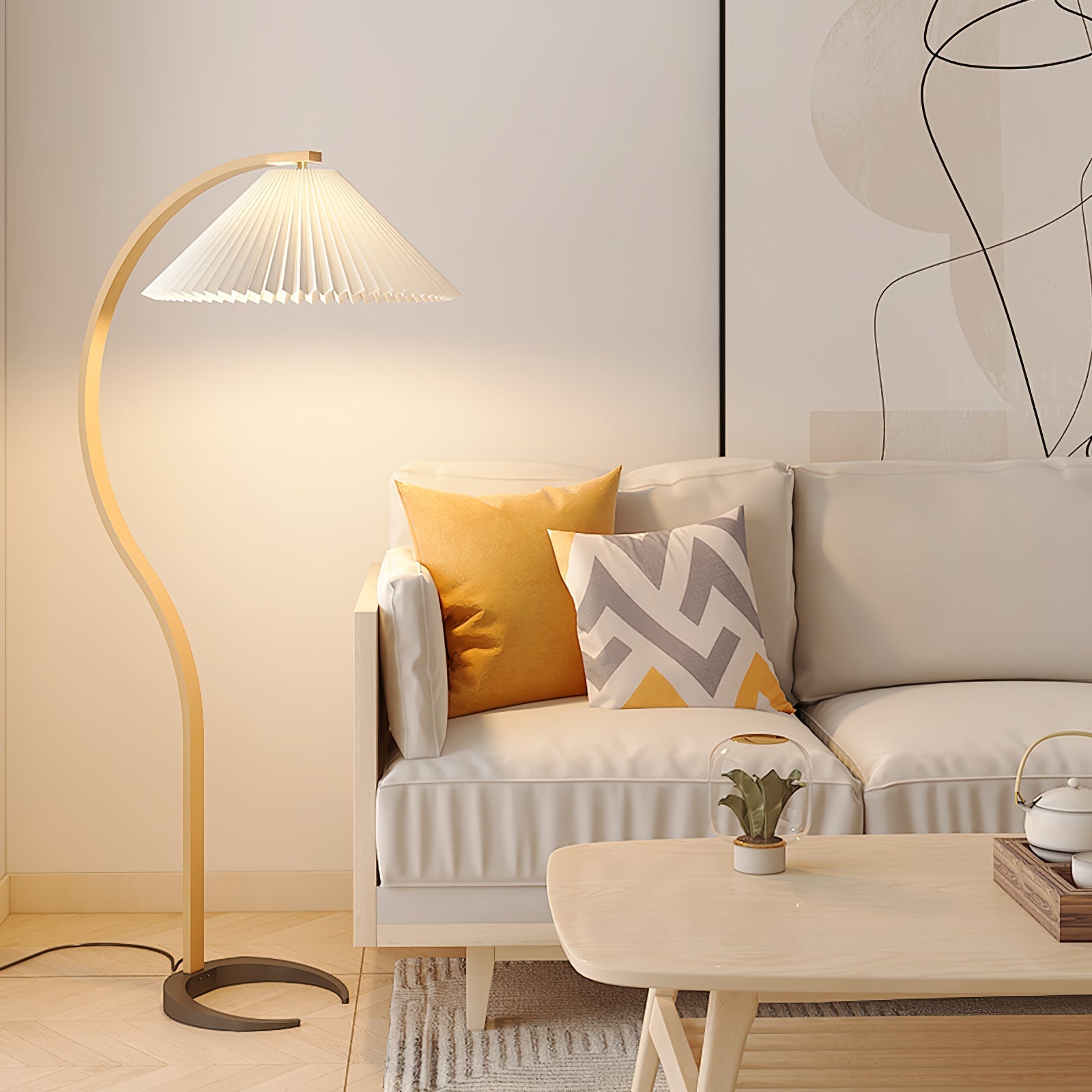 Lampadaire moderne Etan en Métal, Lin Hêtre bois et blanc