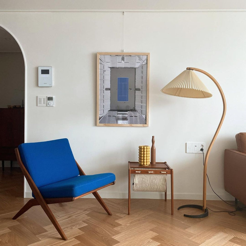 Lampadaire moderne Etan en Métal, Lin Hêtre bois et beige