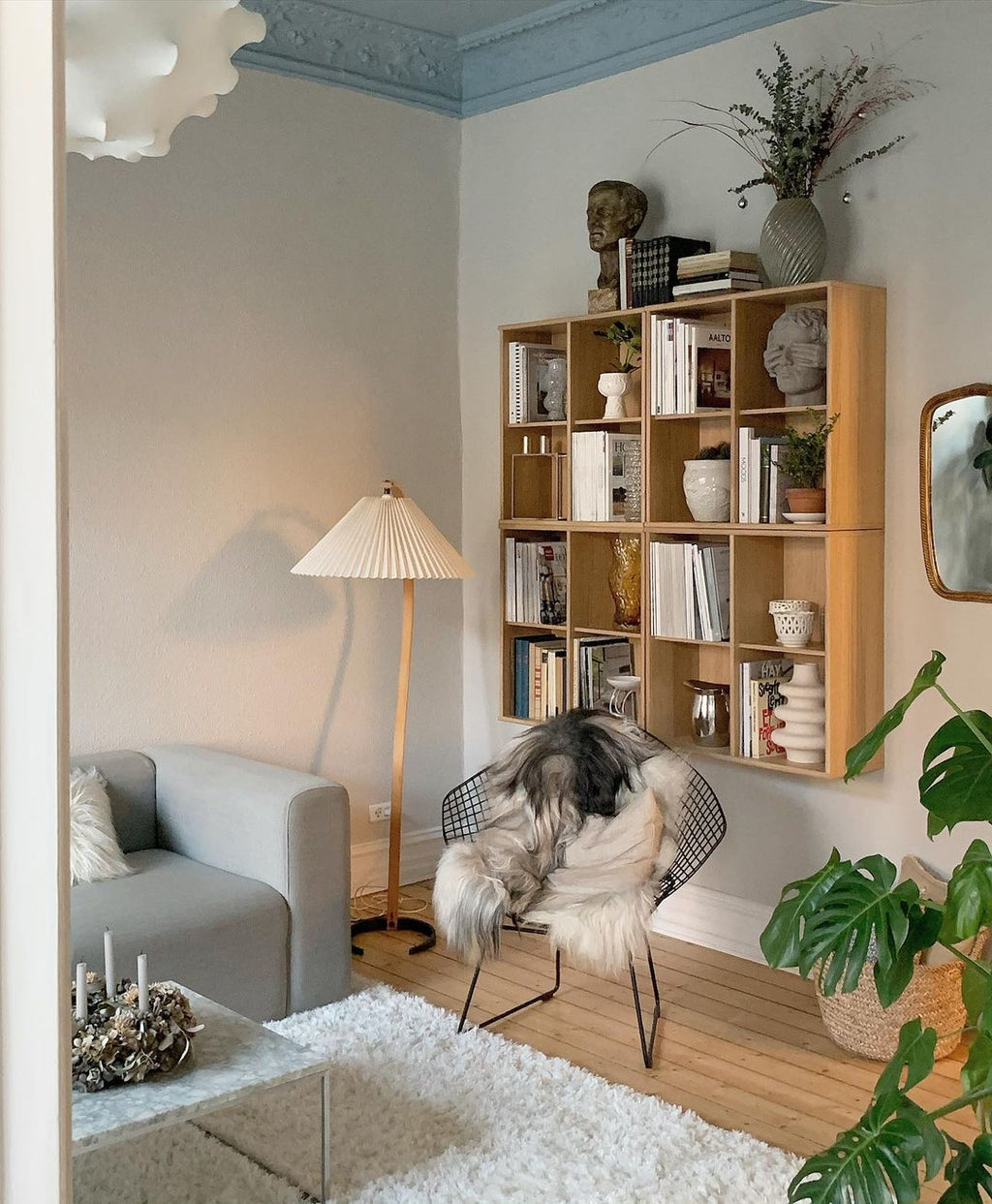 Lampadaire moderne Etan en Métal, Lin Hêtre bois et beige