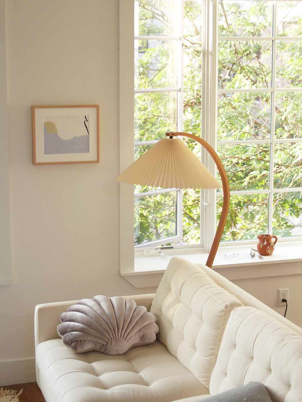 Lampadaire moderne Etan en Métal, Lin Hêtre bois et beige