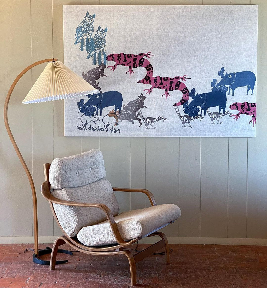 Lampadaire moderne Etan en Métal, Lin Hêtre bois et beige