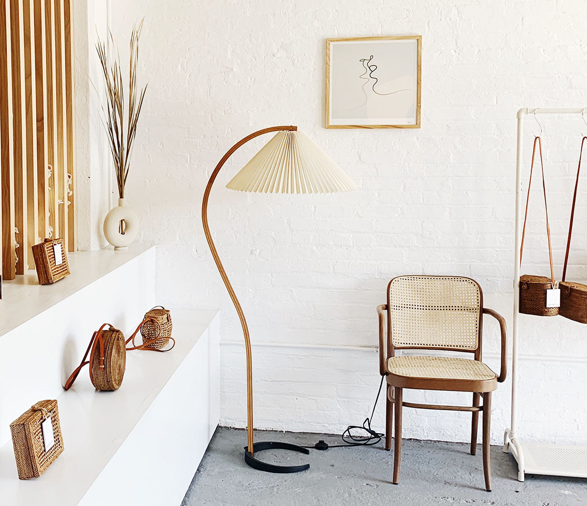 Lampadaire moderne Etan en Métal, Lin Hêtre bois et café