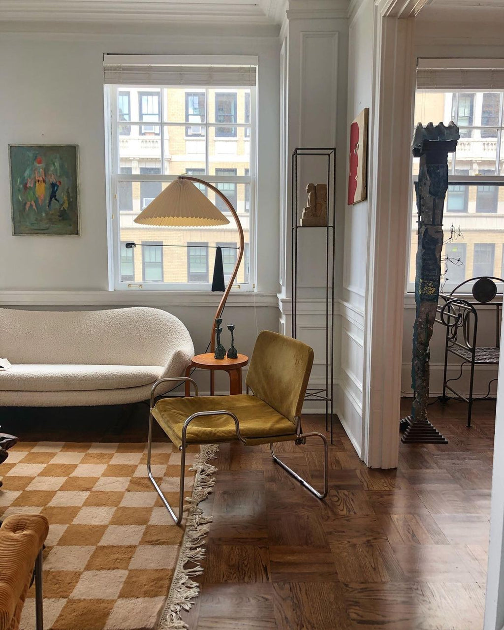 Lampadaire moderne Etan en Métal, Lin Hêtre bois et beige