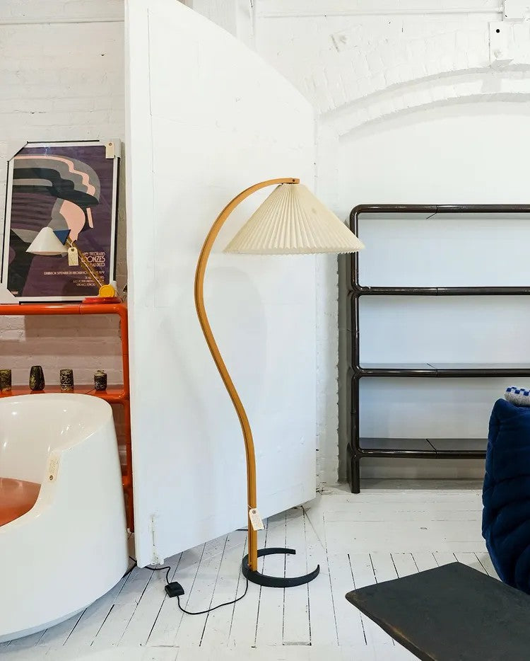 Lampadaire moderne Etan en Métal, Lin Hêtre bois et blanc