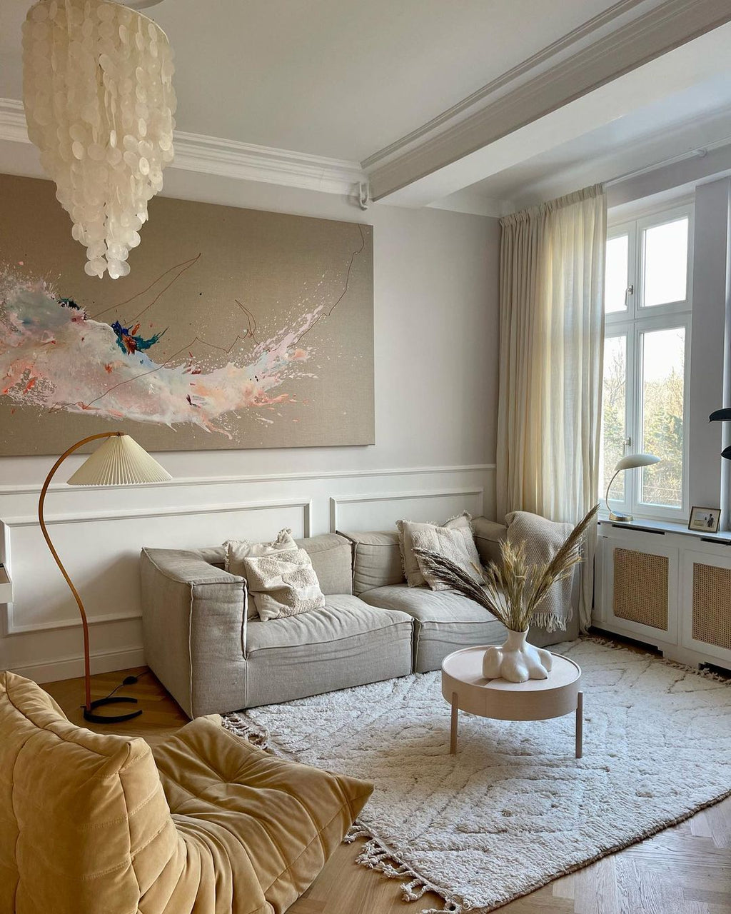 Lampadaire moderne Etan en Métal, Lin Hêtre bois et blanc