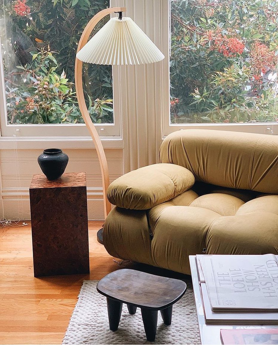 Lampadaire moderne Etan en Métal, Lin Hêtre bois et café