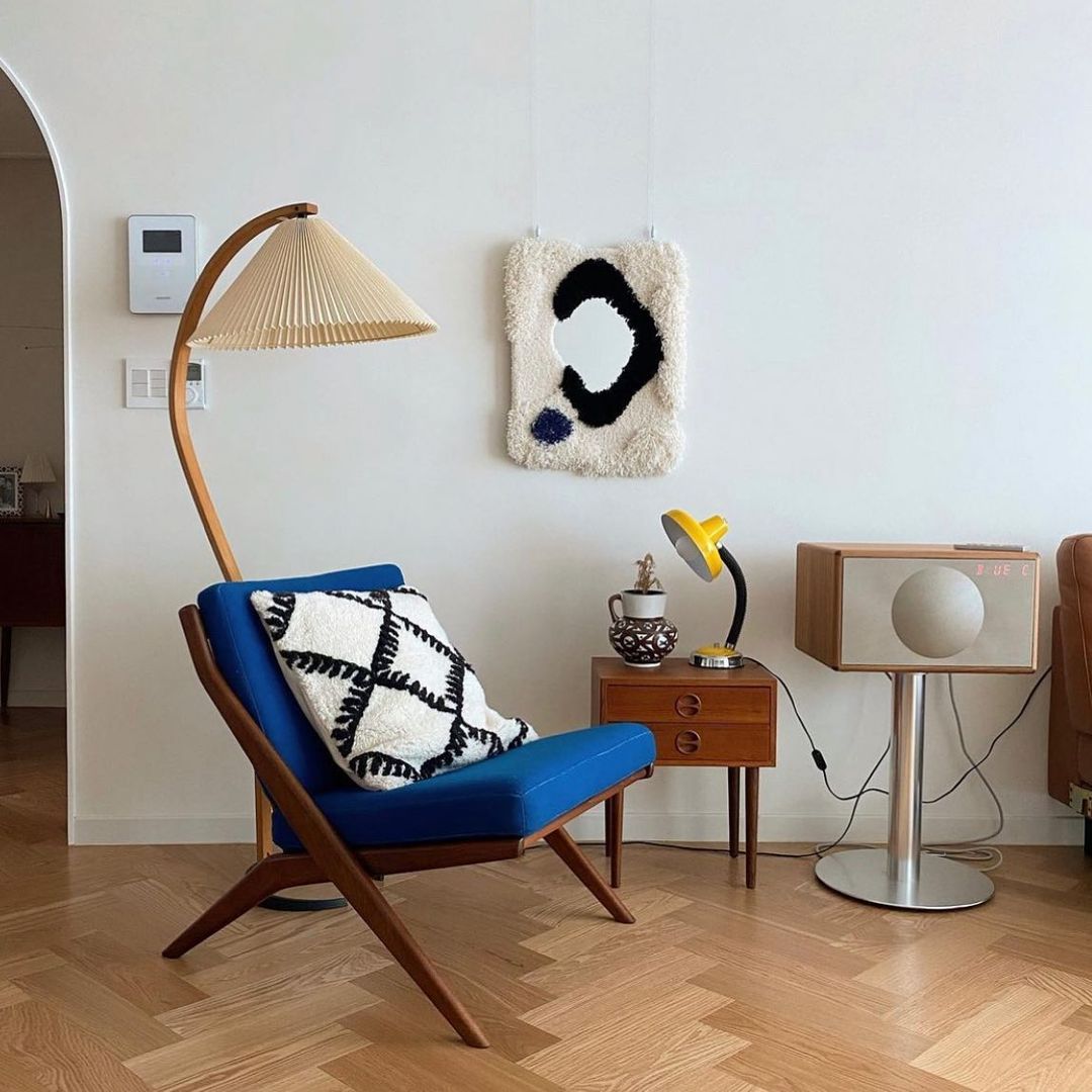 Lampadaire moderne Etan en Métal, Lin Hêtre bois et blanc