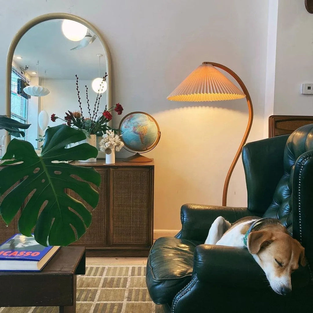 Lampadaire moderne Etan en Métal, Lin Hêtre bois et beige