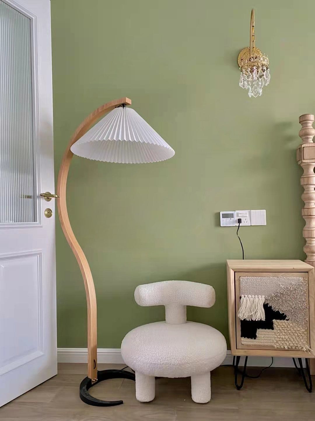 Lampadaire moderne Etan en Métal, Lin Hêtre bois et beige