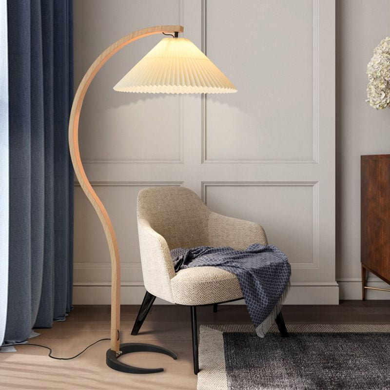 Lampadaire moderne Etan en Métal, Lin Hêtre bois et blanc
