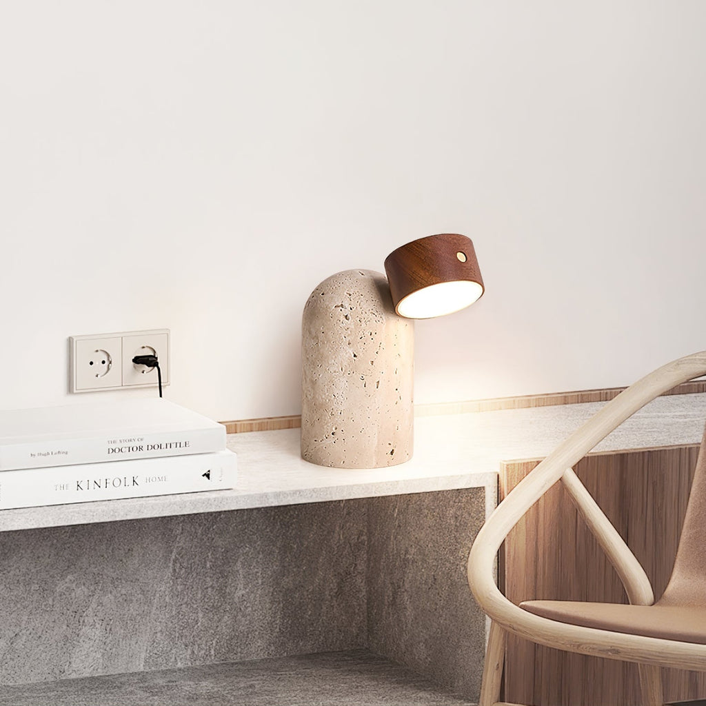 Lampe à poser moderne Hodr en pierre Noyer bois et travertin jaune