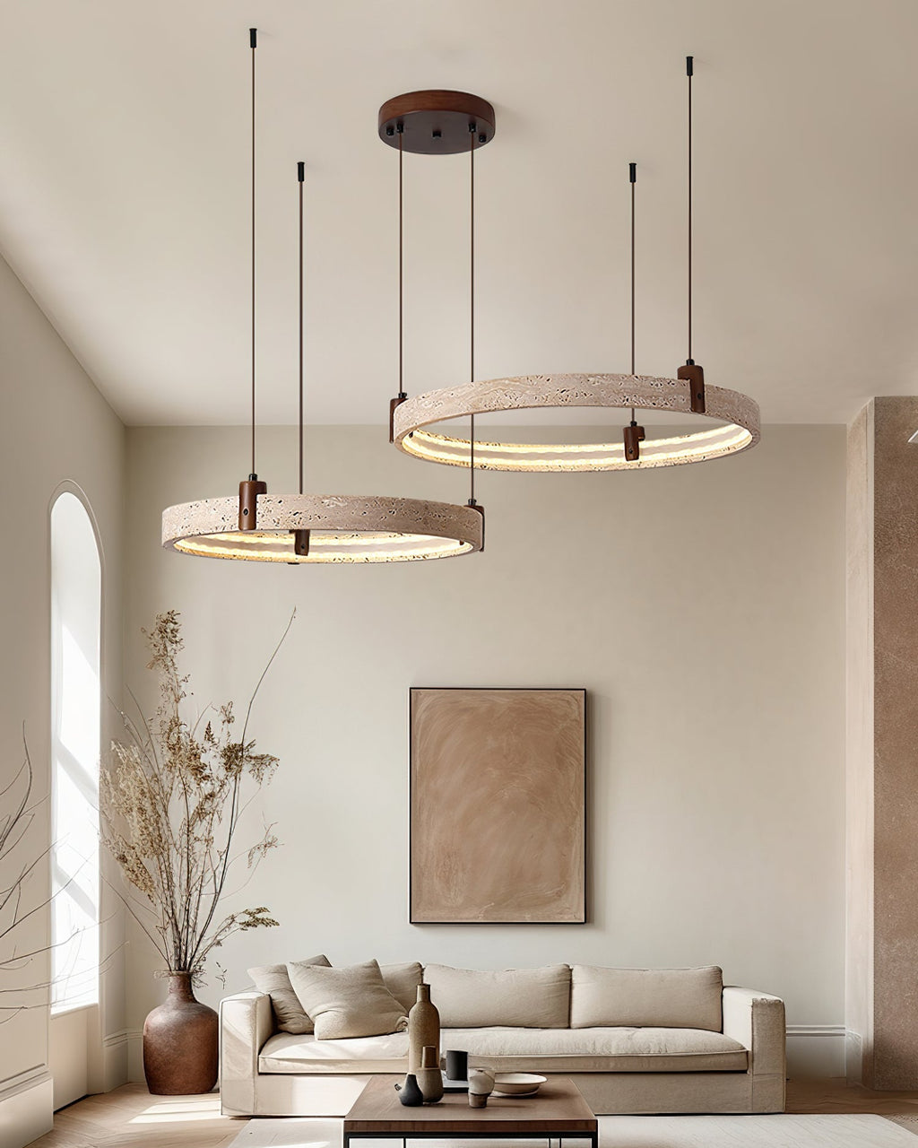 Lustre moderne Wright en Travertin jaune et noyer bois