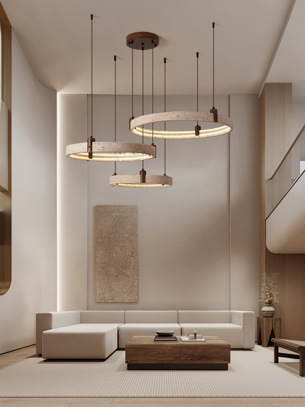 Lustre moderne Wright en Travertin jaune et noyer bois