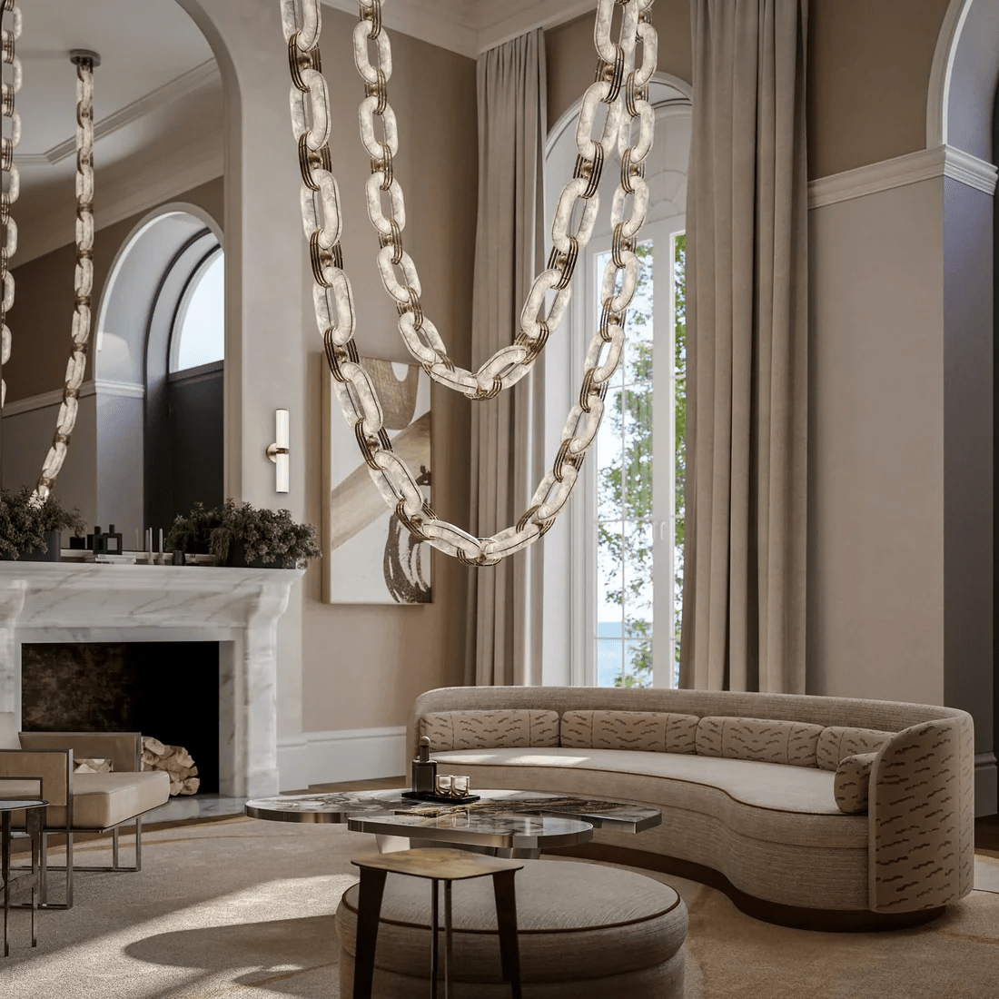 Lustre moderne Line en Albâtre Or et blanc