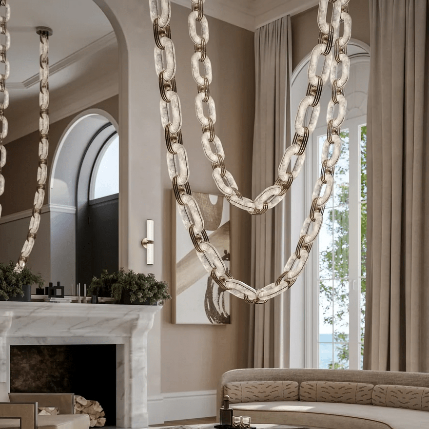 Lustre moderne Line en Albâtre Or et blanc