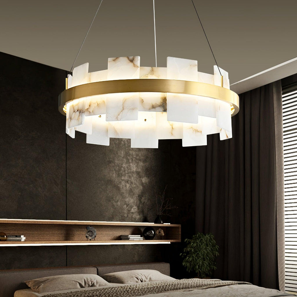 Lustre moderne Tobin en Albâtre Laiton et blanc