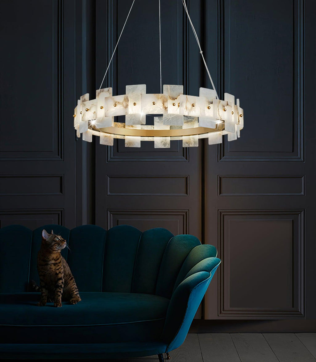 Lustre moderne Tobin en Albâtre Laiton et blanc