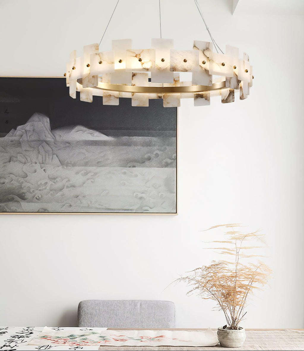 Lustre moderne Tobin en Albâtre Laiton et blanc