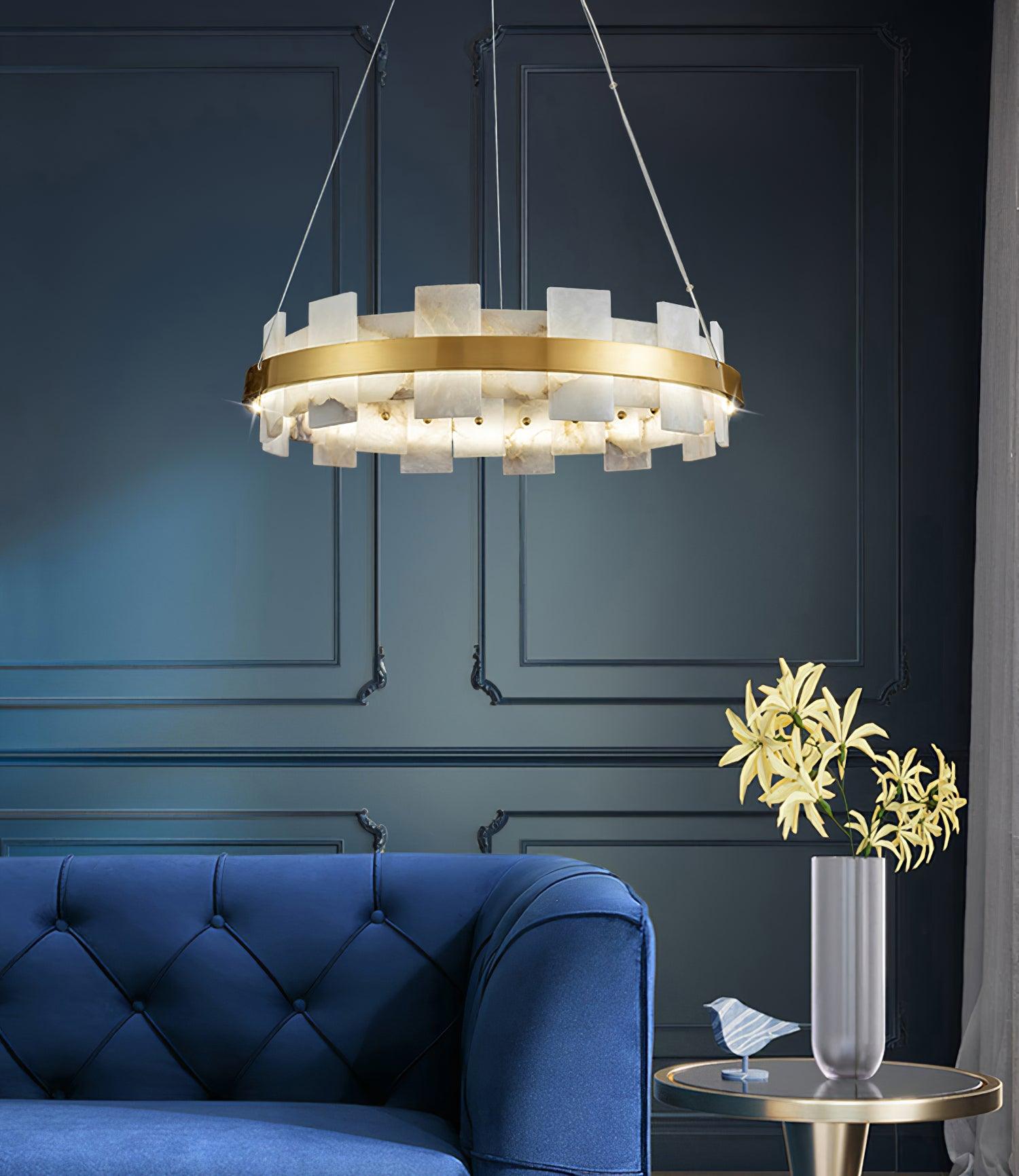 Lustre moderne Tobin en Albâtre Laiton et blanc