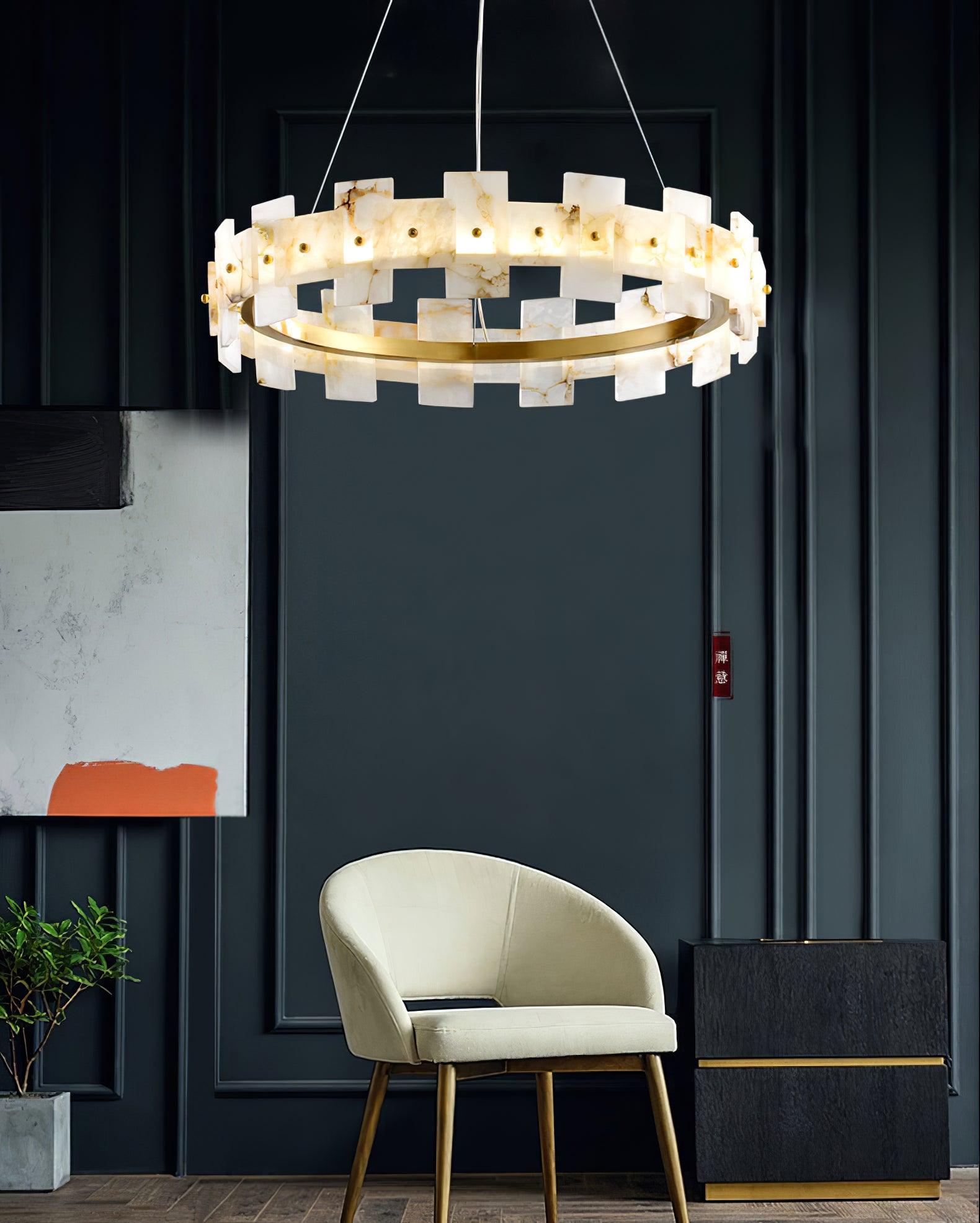 Lustre moderne Tobin en Albâtre Laiton et blanc