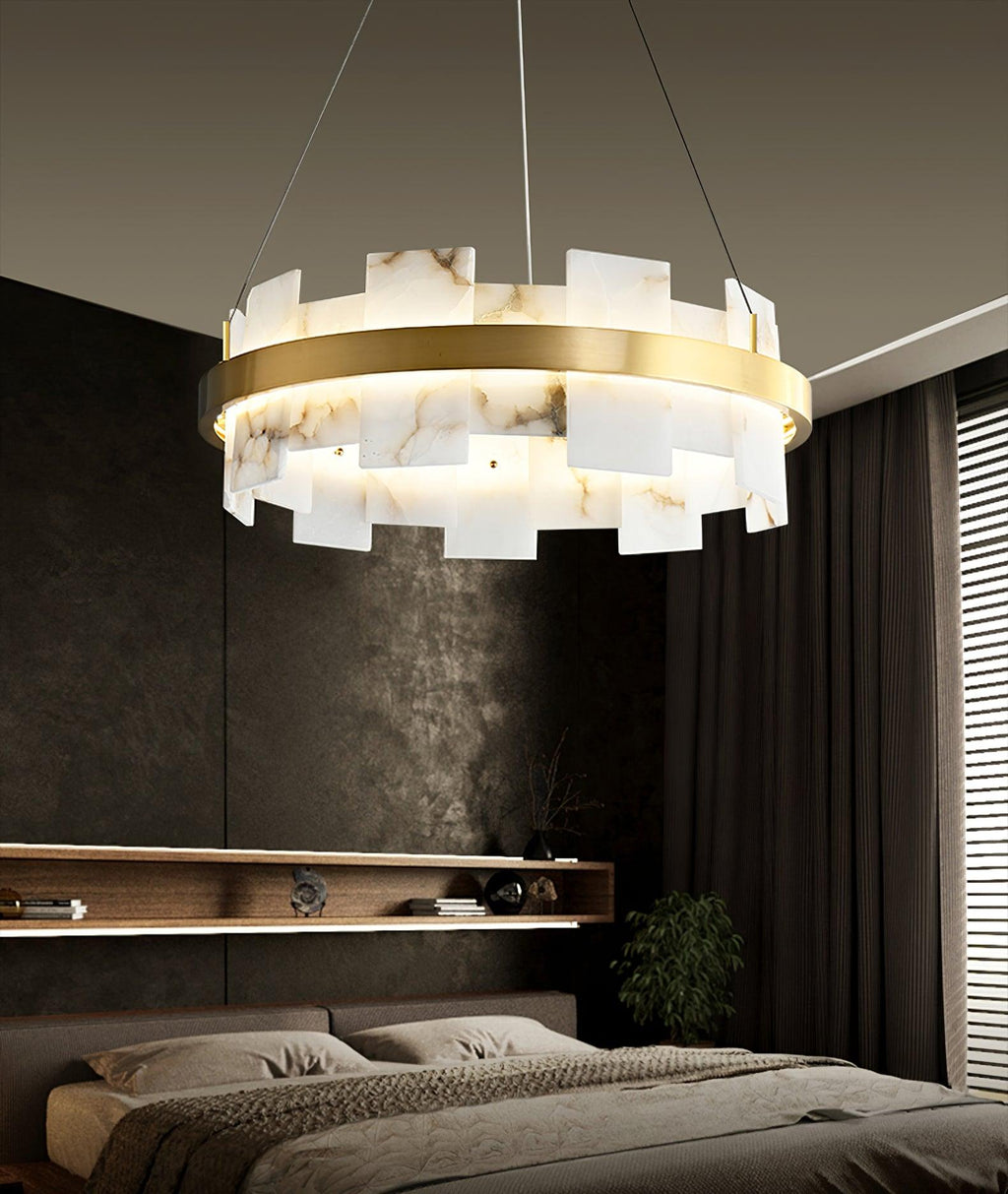 Lustre moderne Tobin en Albâtre Laiton et blanc